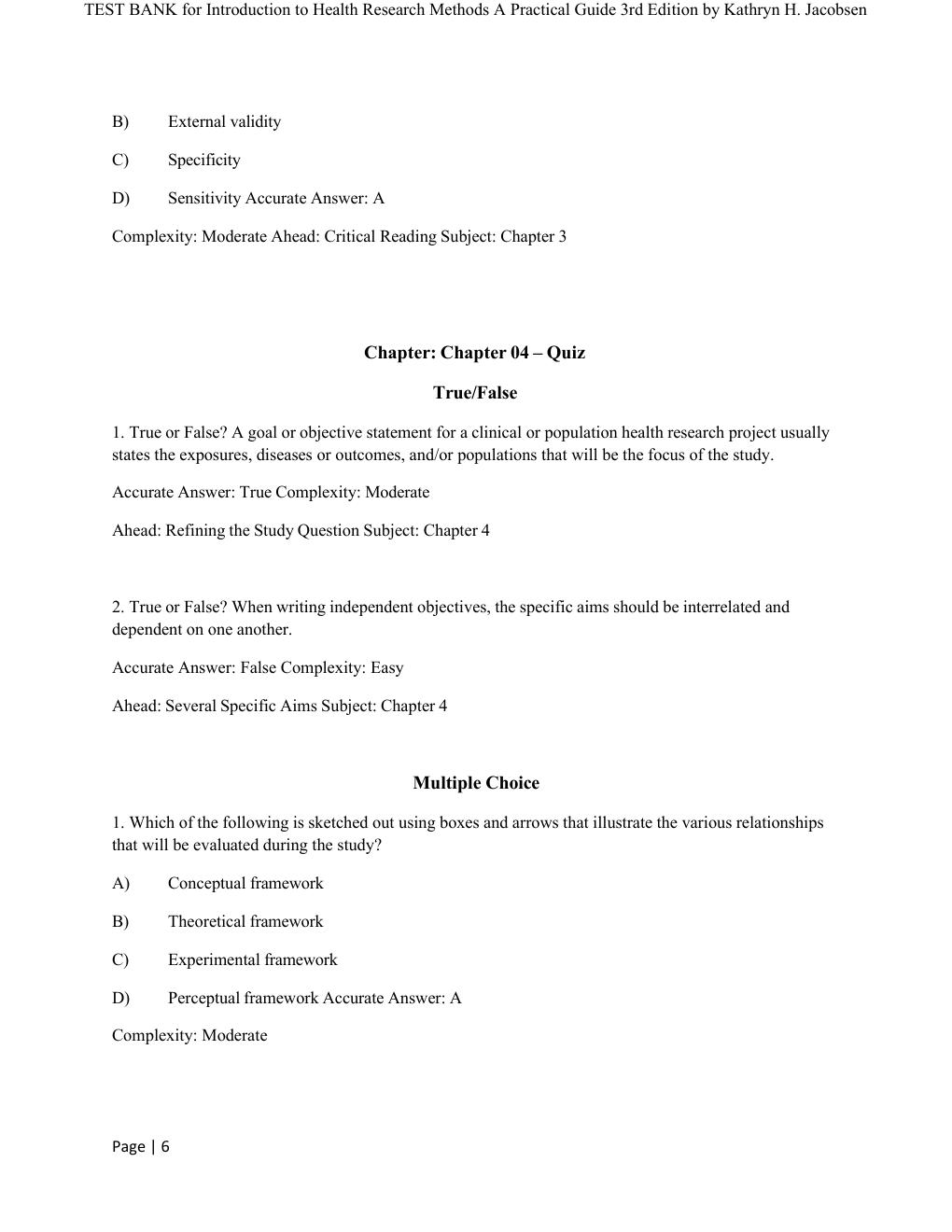 Preview page 6 of COMPLETE TEST BANK for Introduction to Health Research Methods A Practical Guide 3rd Edition by Kathryn H. Jacobsen All