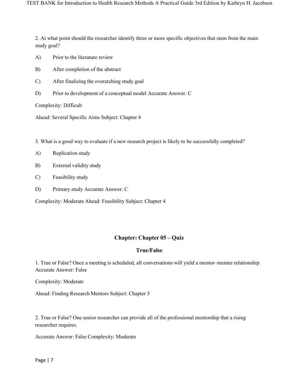 Preview page 7 of COMPLETE TEST BANK for Introduction to Health Research Methods A Practical Guide 3rd Edition by Kathryn H. Jacobsen All