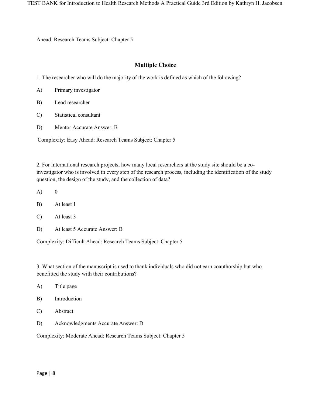 Preview page 8 of COMPLETE TEST BANK for Introduction to Health Research Methods A Practical Guide 3rd Edition by Kathryn H. Jacobsen All