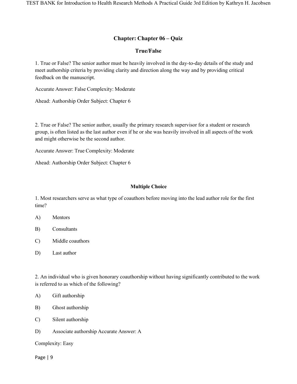 Preview page 9 of COMPLETE TEST BANK for Introduction to Health Research Methods A Practical Guide 3rd Edition by Kathryn H. Jacobsen All