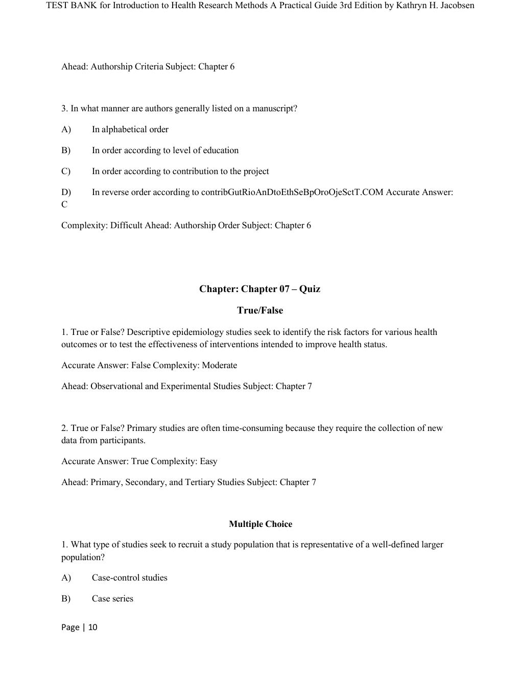 Preview page 10 of COMPLETE TEST BANK for Introduction to Health Research Methods A Practical Guide 3rd Edition by Kathryn H. Jacobsen All