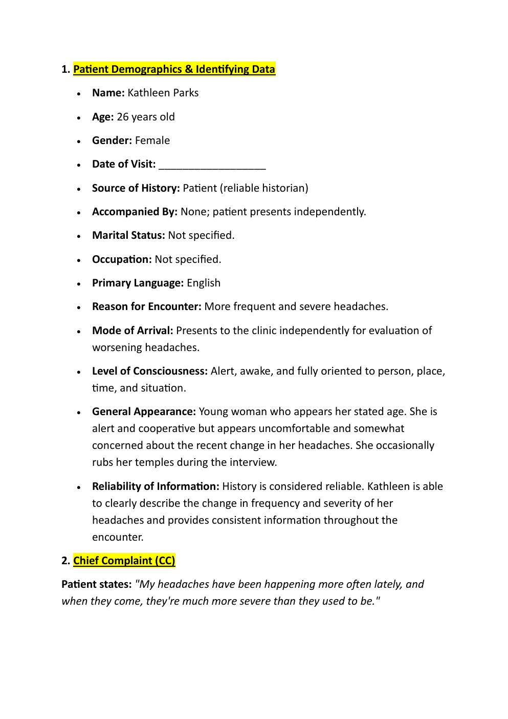 Preview page 3 of IHUMAN COMPREHENSIVE CASE  STUDY. KATHLEEN PARKS. 26 YEAR-OLD. REASON FOR  ENCOUNTER: MORE FREQUENT  SEVERE HEADACHES.