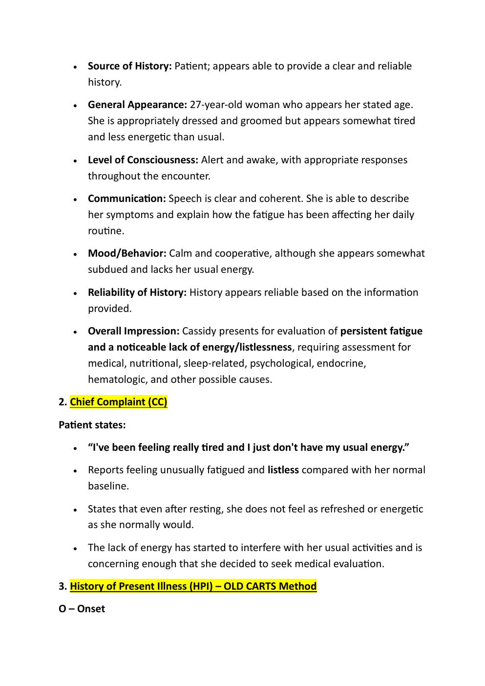 Preview page 3 of CASSIDY HARRINGTON 27-YEAR OLD COMPREHENSIVE I-HUMAN  CASE STUDY. REASON FOR  ENCOUNTER: FATIGUE AND  LISTLESSNESS.   WI