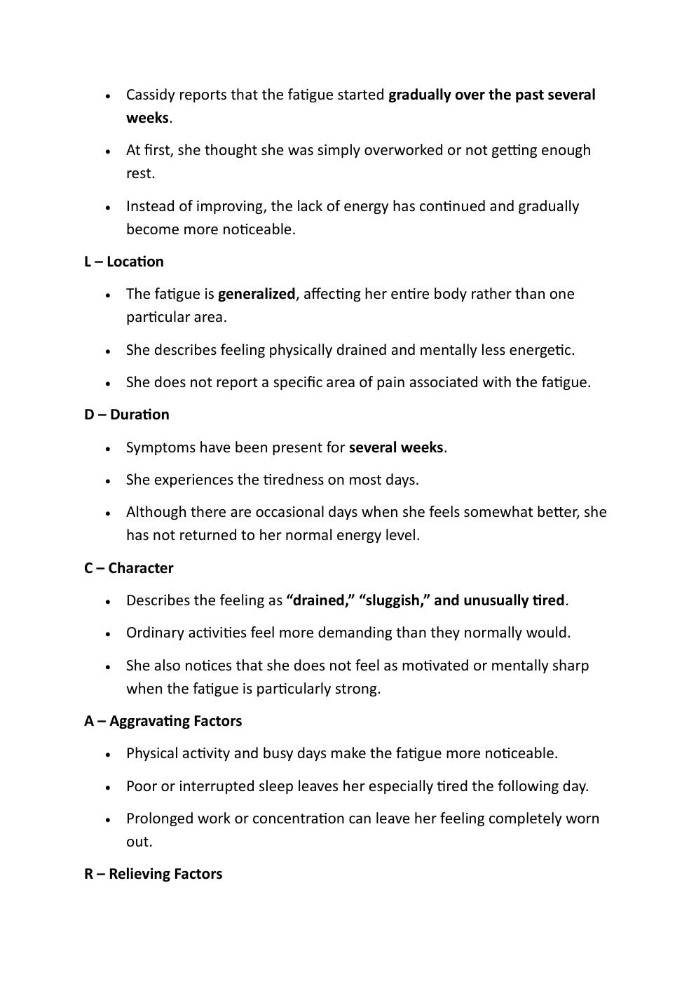 Preview page 4 of CASSIDY HARRINGTON 27-YEAR OLD COMPREHENSIVE I-HUMAN  CASE STUDY. REASON FOR  ENCOUNTER: FATIGUE AND  LISTLESSNESS.   WI