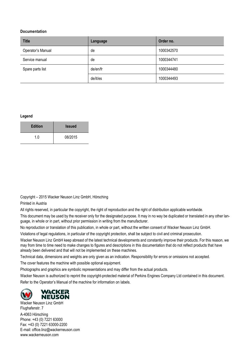 Preview page 2 of WACKER NEUSON EZ53 TRACKED EXCAVATOR SERVICE MANUAL