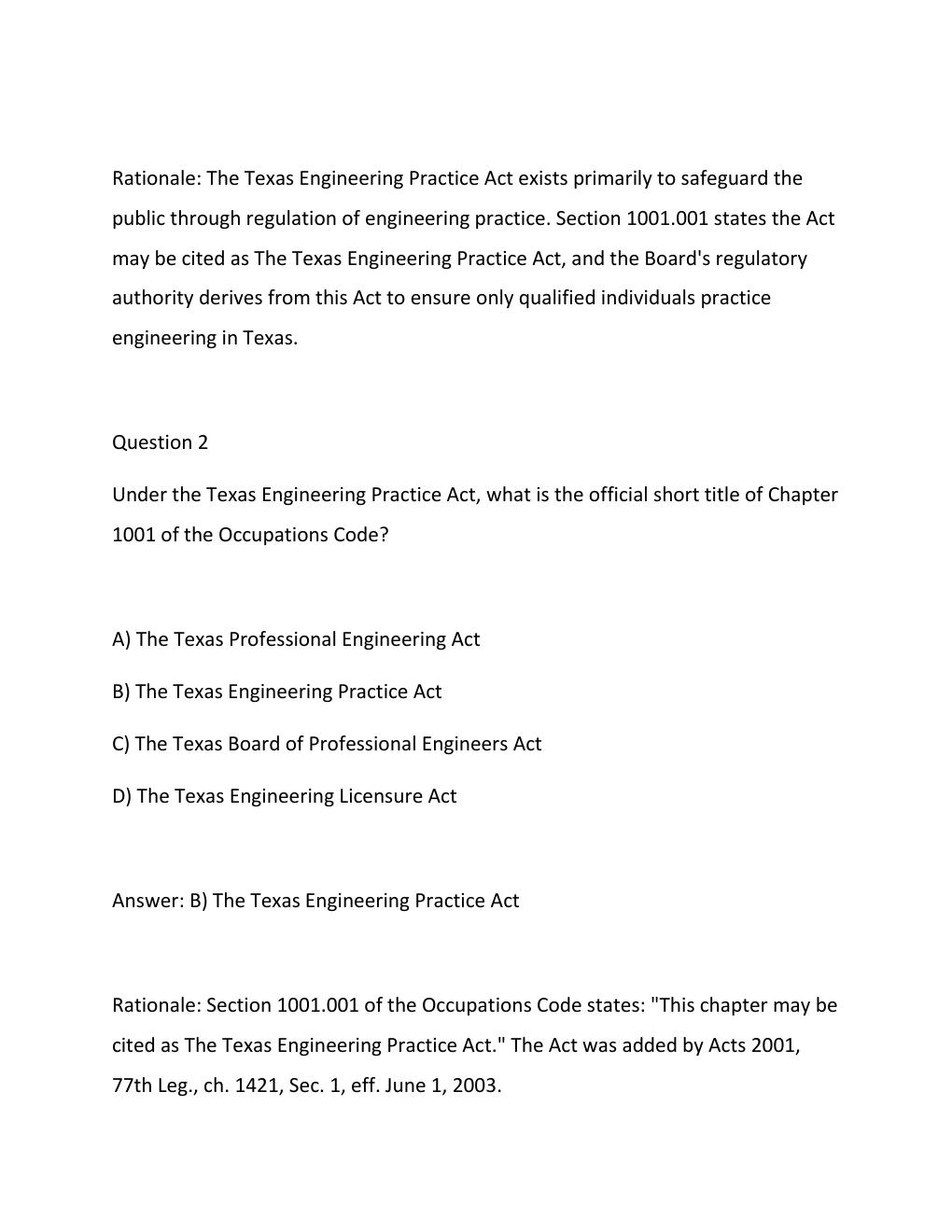 Preview page 2 of PE ETHICS EXAM ANSWERS BASED ON THE TEXAS ENGINEERING PRACTICE ACT AND BOARD RULES LATEST UPDATE