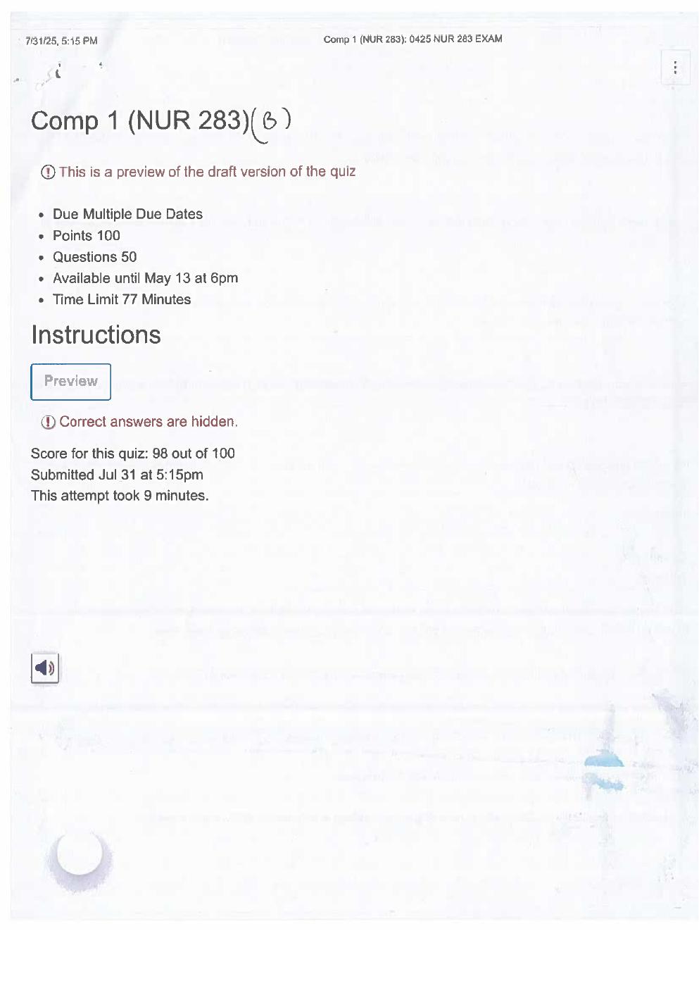 Preview page 2 of NUR 283 (B) COMP 1, COMP 2,  COMP 3, Exam Study Guide –  Practice Questions with  Verified Answers. GRADED A+.  Latest 2