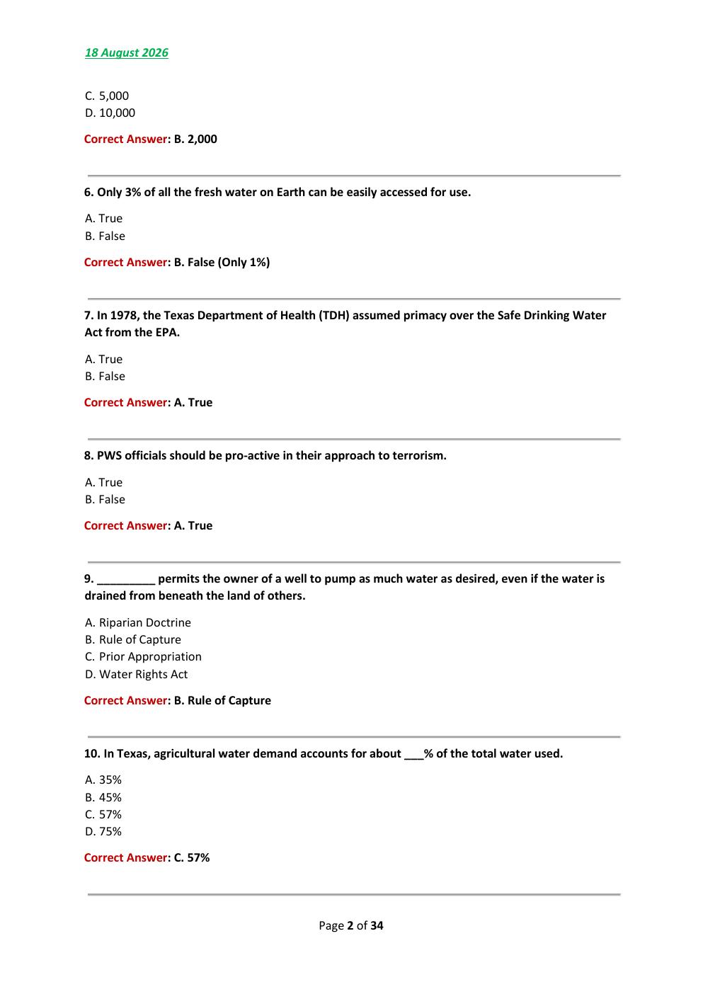 Preview page 2 of TCEQ Class D Water Operator License 2026/2027  final Test Exam 180 comprehensive questions |  FREQUENTLY MOST TESTED QUE