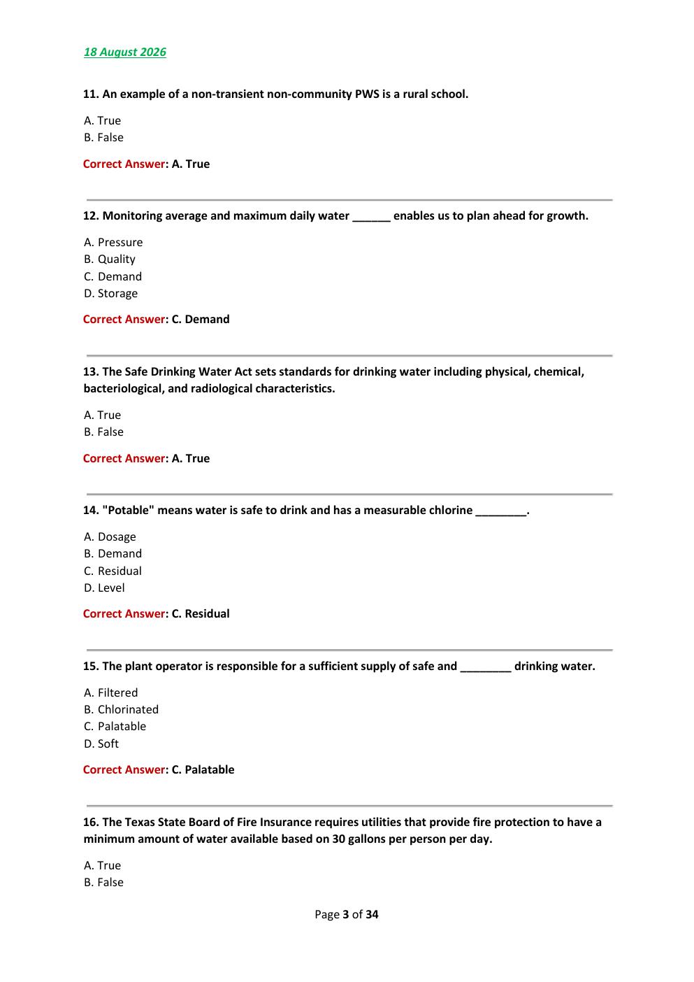 Preview page 3 of TCEQ Class D Water Operator License 2026/2027  final Test Exam 180 comprehensive questions |  FREQUENTLY MOST TESTED QUE