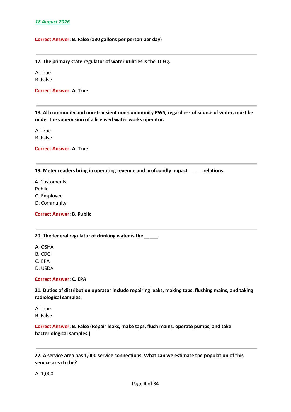 Preview page 4 of TCEQ Class D Water Operator License 2026/2027  final Test Exam 180 comprehensive questions |  FREQUENTLY MOST TESTED QUE