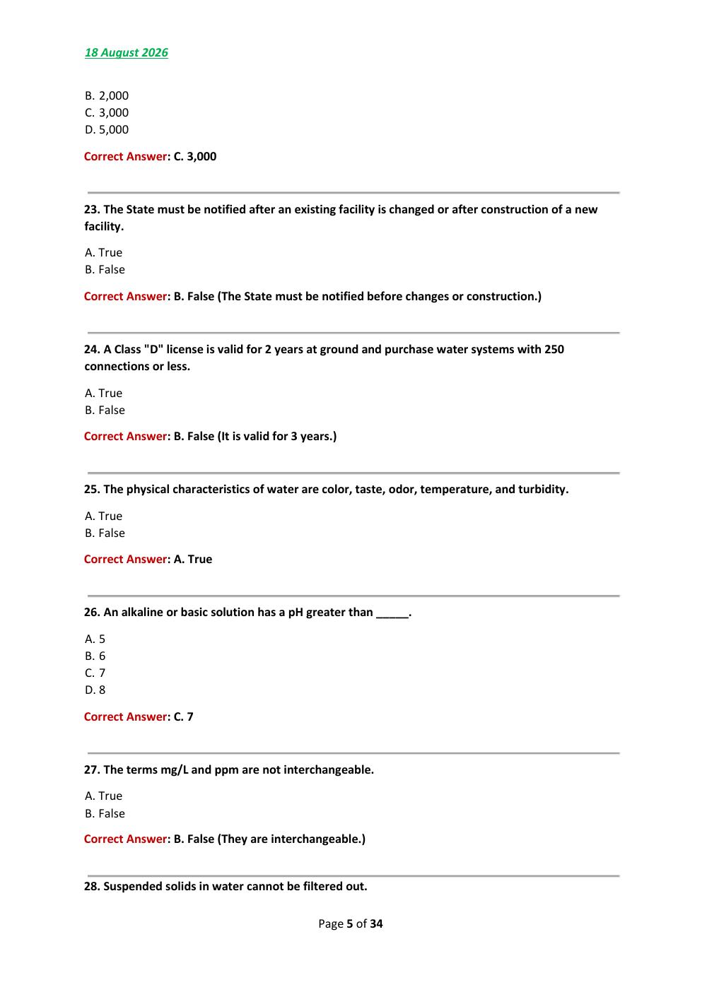 Preview page 5 of TCEQ Class D Water Operator License 2026/2027  final Test Exam 180 comprehensive questions |  FREQUENTLY MOST TESTED QUE