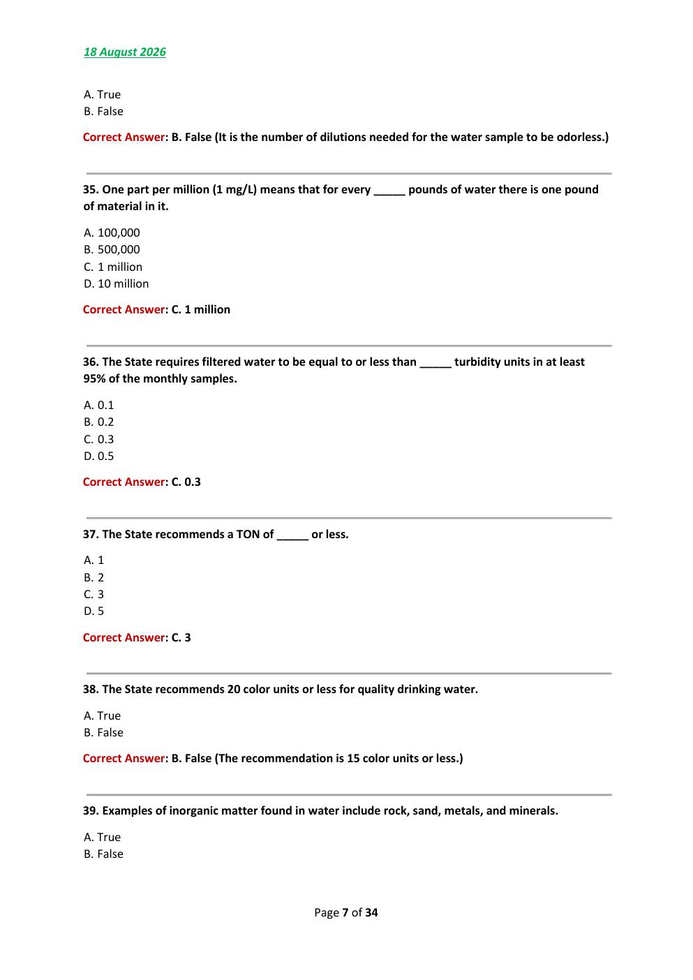 Preview page 7 of TCEQ Class D Water Operator License 2026/2027  final Test Exam 180 comprehensive questions |  FREQUENTLY MOST TESTED QUE