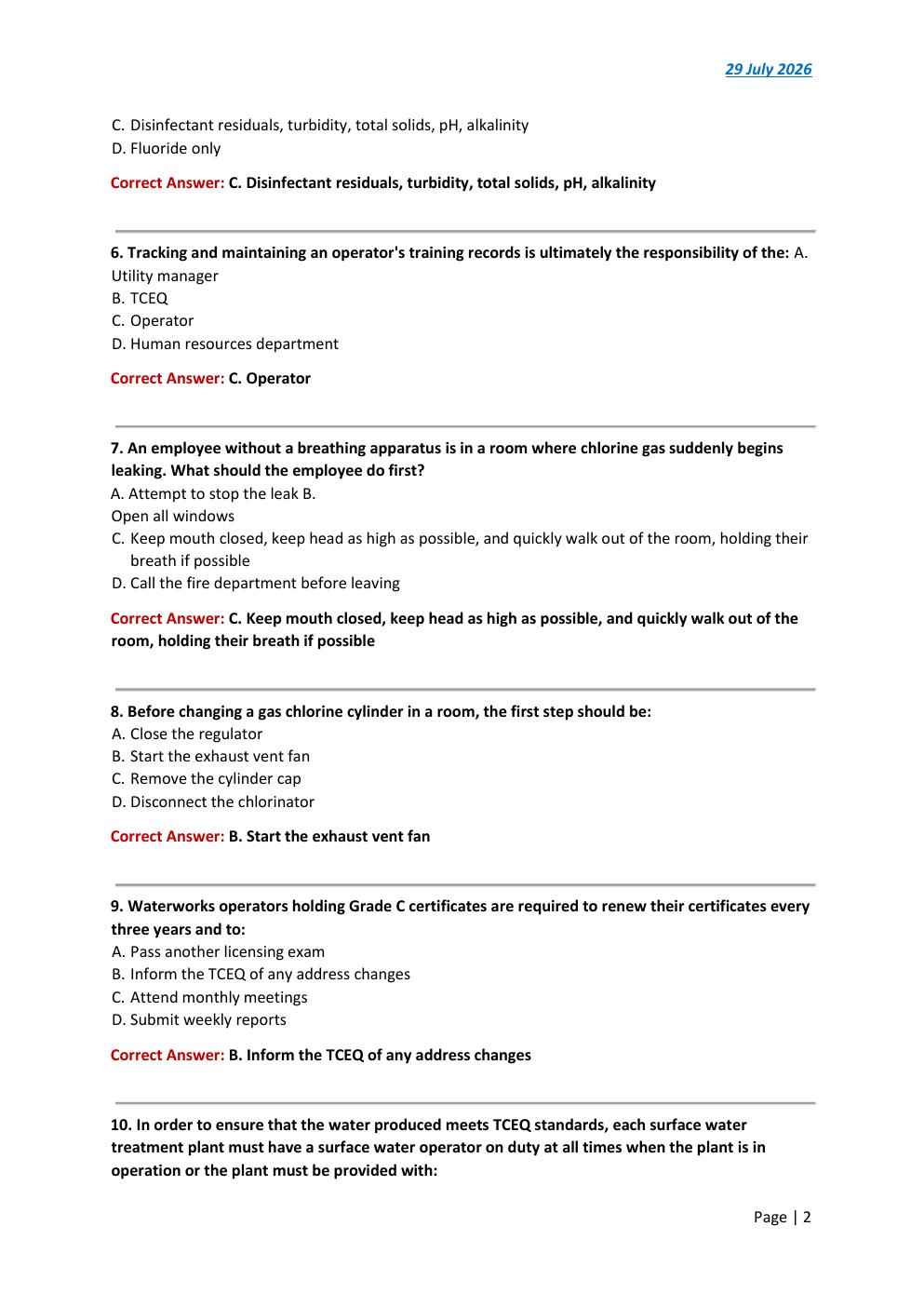 Preview page 2 of Texas Class C Surface Water 2026/2027 Test Exam  147 comprehensive questions | FREQUENTLY MOST TESTED QUESTIONS AND VERI