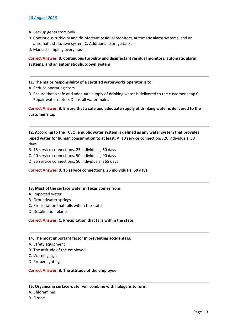 Preview page 3 of Texas Class C Surface Water 2026/2027 Test Exam  147 comprehensive questions | FREQUENTLY MOST TESTED QUESTIONS AND VERI