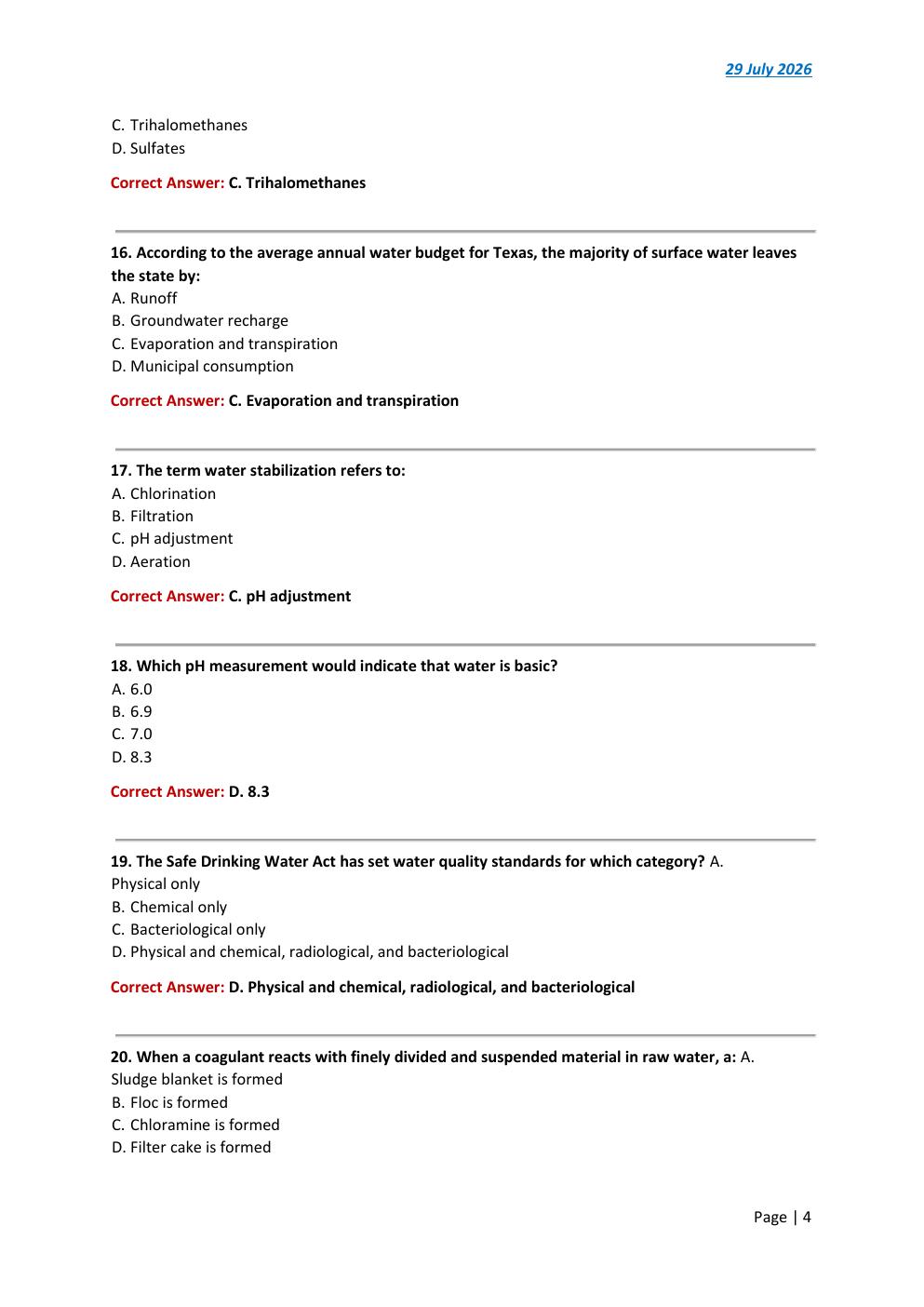 Preview page 4 of Texas Class C Surface Water 2026/2027 Test Exam  147 comprehensive questions | FREQUENTLY MOST TESTED QUESTIONS AND VERI