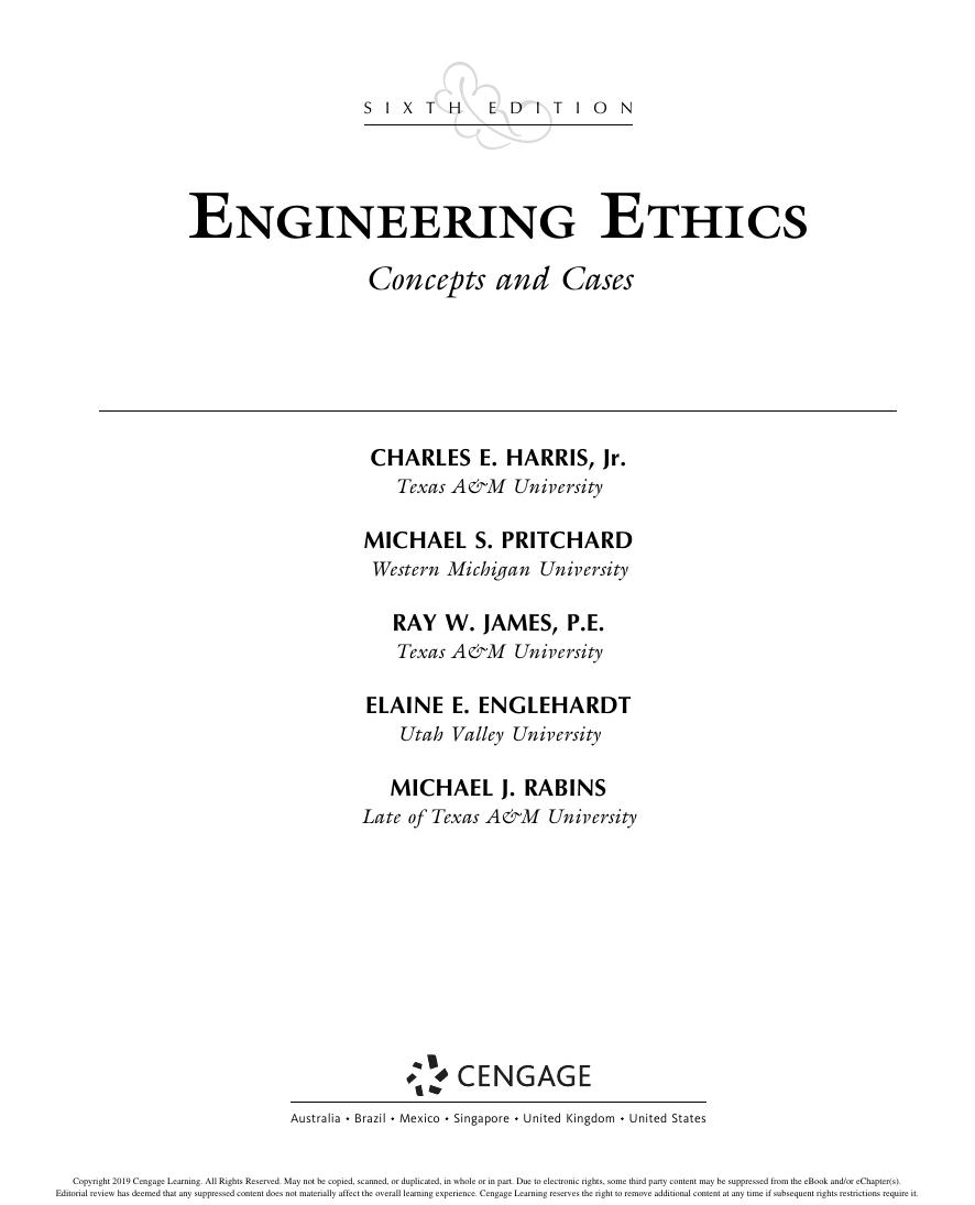 Preview page 2 of Engineering Ethics Concepts and Cases 6th Edition By Englehardt, Elaine E Harris, Charles Edwin, James, Ray