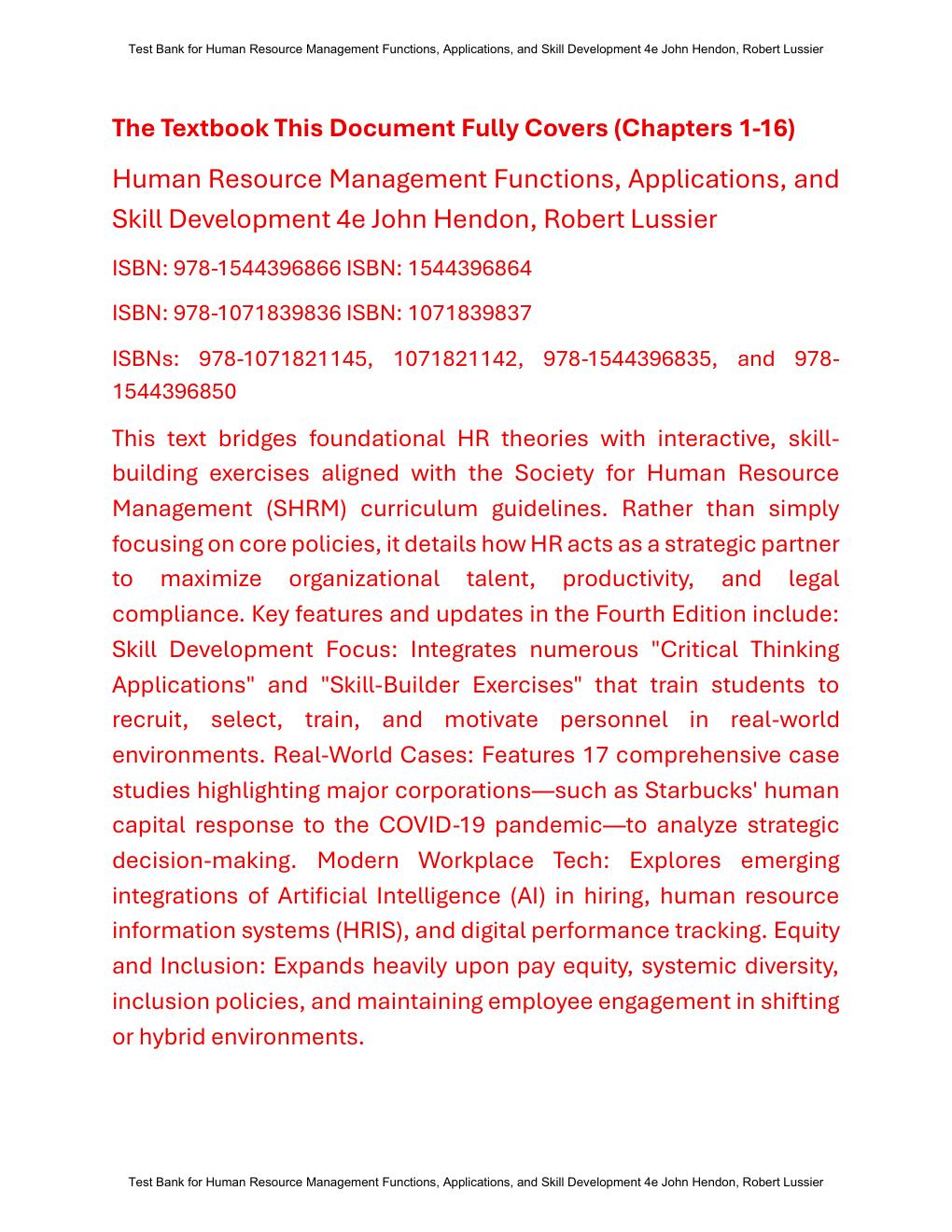 Preview page 2 of Test Bank For Human Resource Management Functions, Applications, and Skill Development 4th Eidtion By John Hendon, Rober