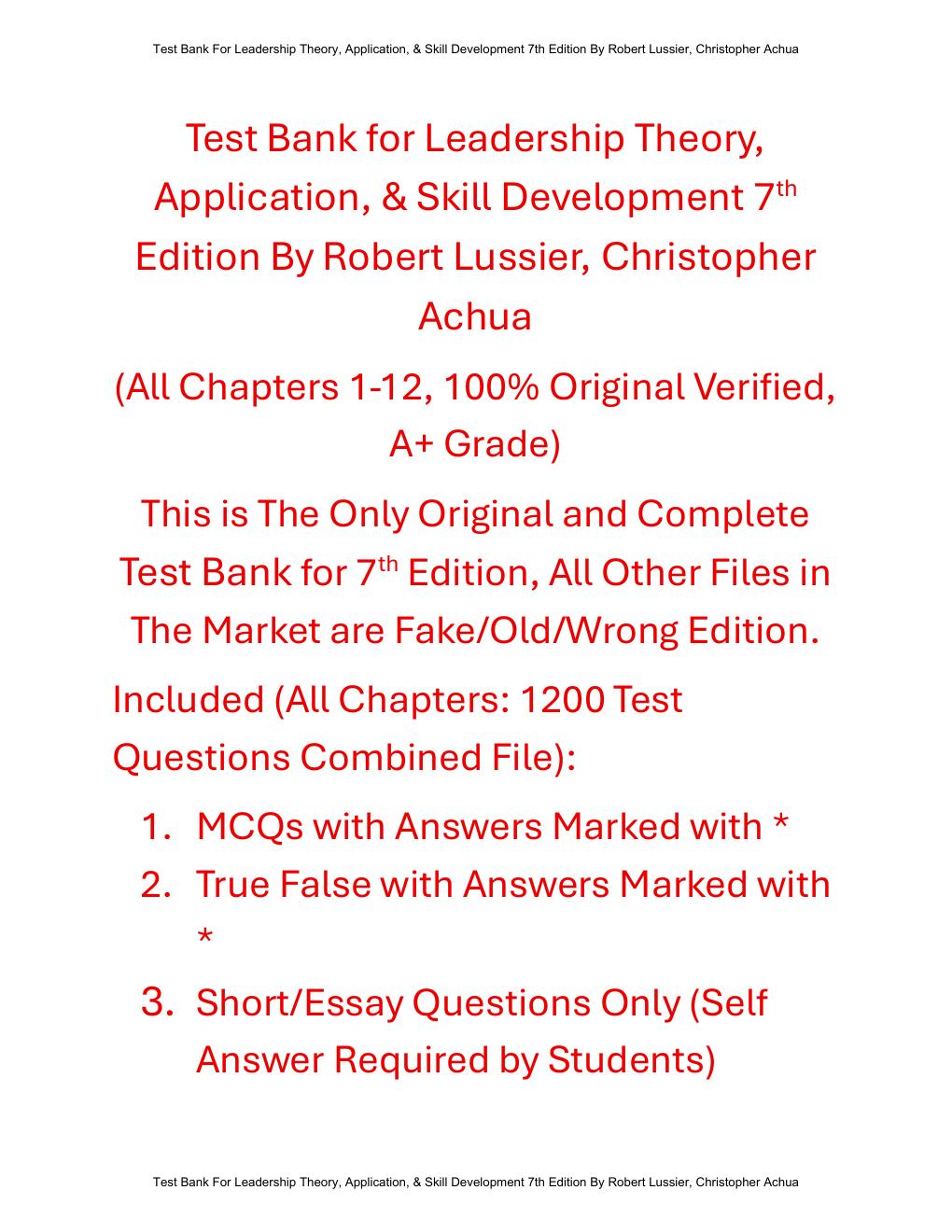 Preview page 2 of Test Bank For Leadership Theory, Application, & Skill Development 7th Edition By Robert Lussier, Christopher Achua