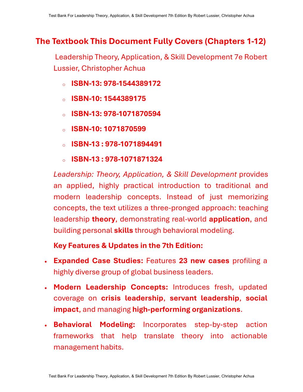 Preview page 3 of Test Bank For Leadership Theory, Application, & Skill Development 7th Edition By Robert Lussier, Christopher Achua