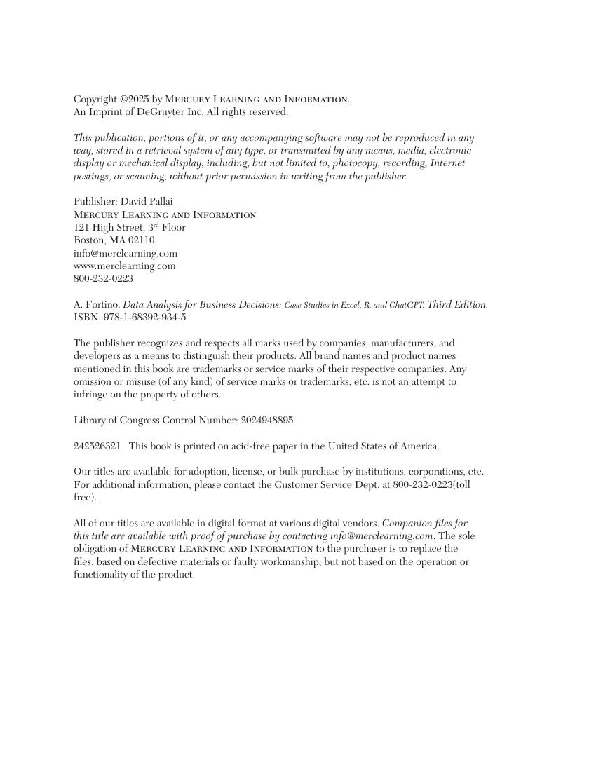 Preview page 5 of Data Analysis for Business Decisions Case Studies in Excel, R, and ChatGPT 3rd Edition By Andres Fortino
