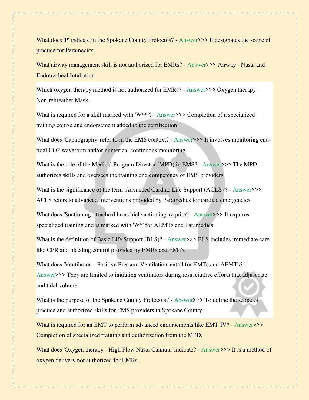 Preview page 5 of EMS PROTOCOLS AND PROCEDURES OVERVIEW SPOKANE COUNTY LATEST 2026 STUDY QUESTIONS WITH CORRECT SOLUTIONS GUARANTEED PASS