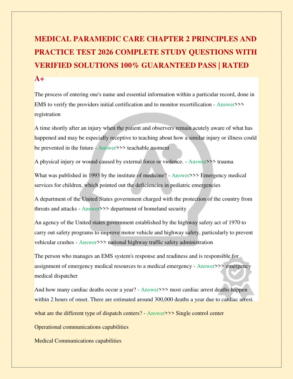 Preview page 2 of MEDICAL PARAMEDIC CARE CHAPTER 2 PRINCIPLES AND PRACTICE TEST 2026 COMPLETE STUDY QUESTIONS WITH VERIFIED SOLUTIONS 100%