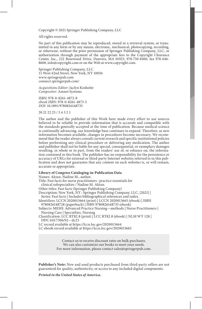 Preview page 7 of Fast Facts for Nurse Practitioners Current Practice Essentials for the Clinical Subspecialties 1st Edition By Nadine Akt
