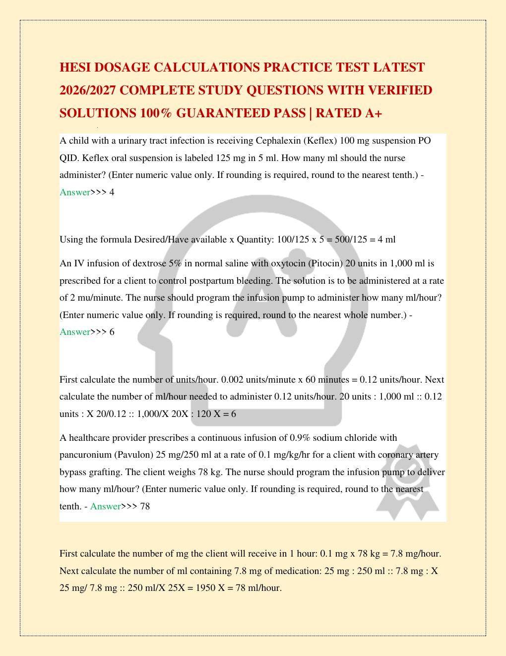 Preview page 2 of HESI DOSAGE CALCULATIONS PRACTICE TEST LATEST 2026/2027 COMPLETE STUDY QUESTIONS WITH VERIFIED SOLUTIONS 100% GUARANTEED