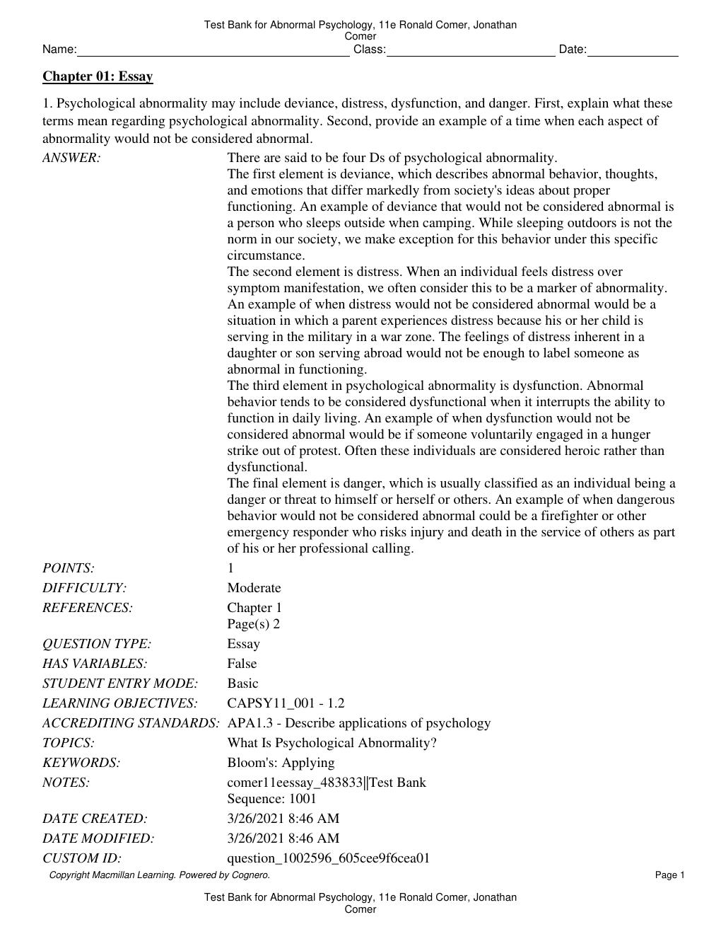 Preview page 2 of Test Bank for Abnormal Psychology 11th Edition By Ronald Comer, Jonathan Comer