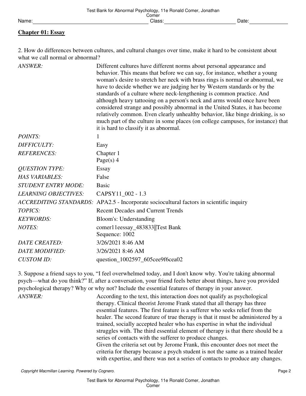 Preview page 3 of Test Bank for Abnormal Psychology 11th Edition By Ronald Comer, Jonathan Comer