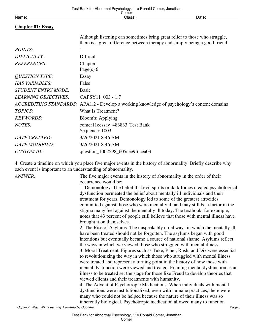 Preview page 4 of Test Bank for Abnormal Psychology 11th Edition By Ronald Comer, Jonathan Comer