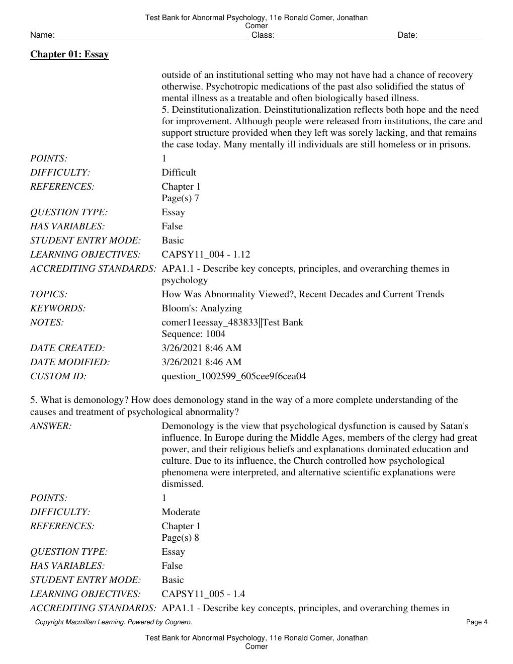 Preview page 5 of Test Bank for Abnormal Psychology 11th Edition By Ronald Comer, Jonathan Comer