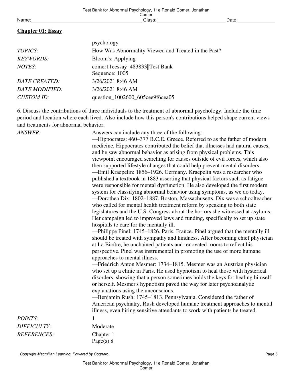 Preview page 6 of Test Bank for Abnormal Psychology 11th Edition By Ronald Comer, Jonathan Comer
