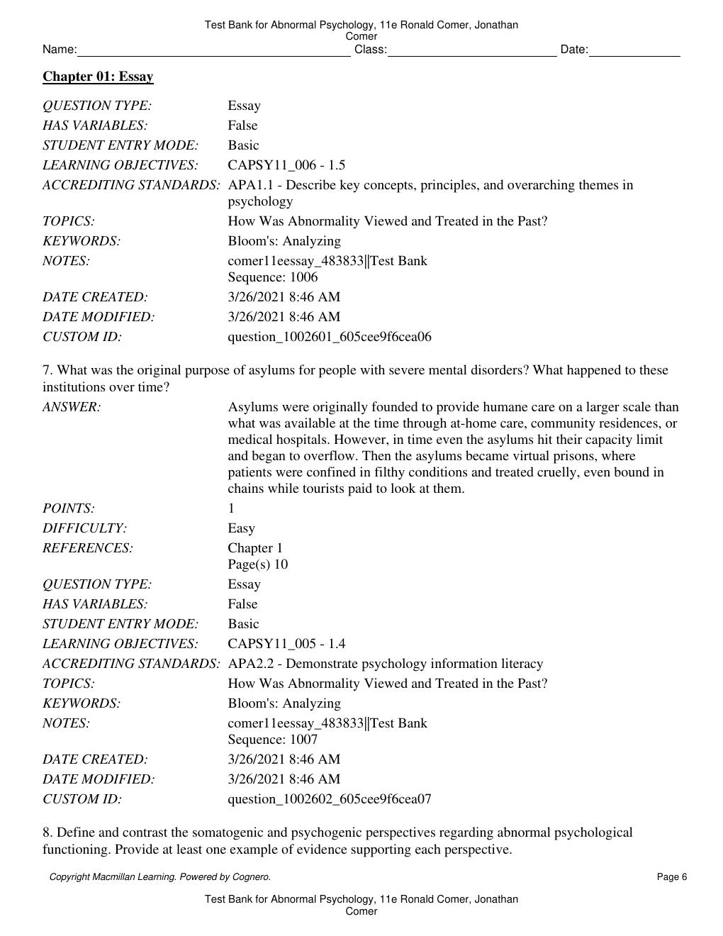 Preview page 7 of Test Bank for Abnormal Psychology 11th Edition By Ronald Comer, Jonathan Comer