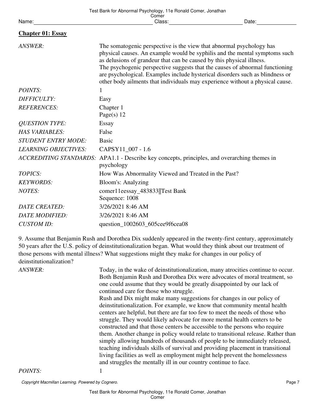 Preview page 8 of Test Bank for Abnormal Psychology 11th Edition By Ronald Comer, Jonathan Comer