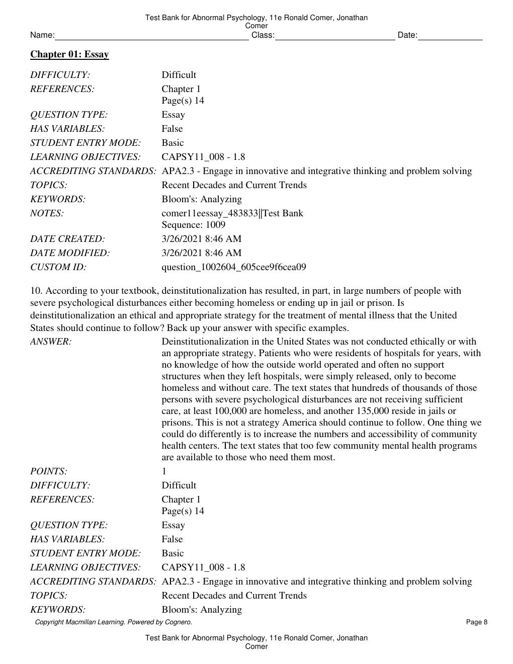 Preview page 9 of Test Bank for Abnormal Psychology 11th Edition By Ronald Comer, Jonathan Comer