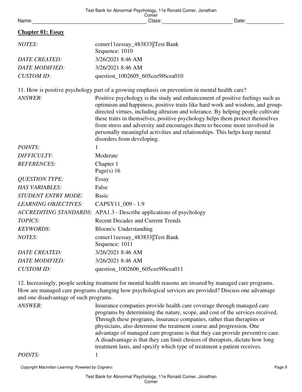 Preview page 10 of Test Bank for Abnormal Psychology 11th Edition By Ronald Comer, Jonathan Comer