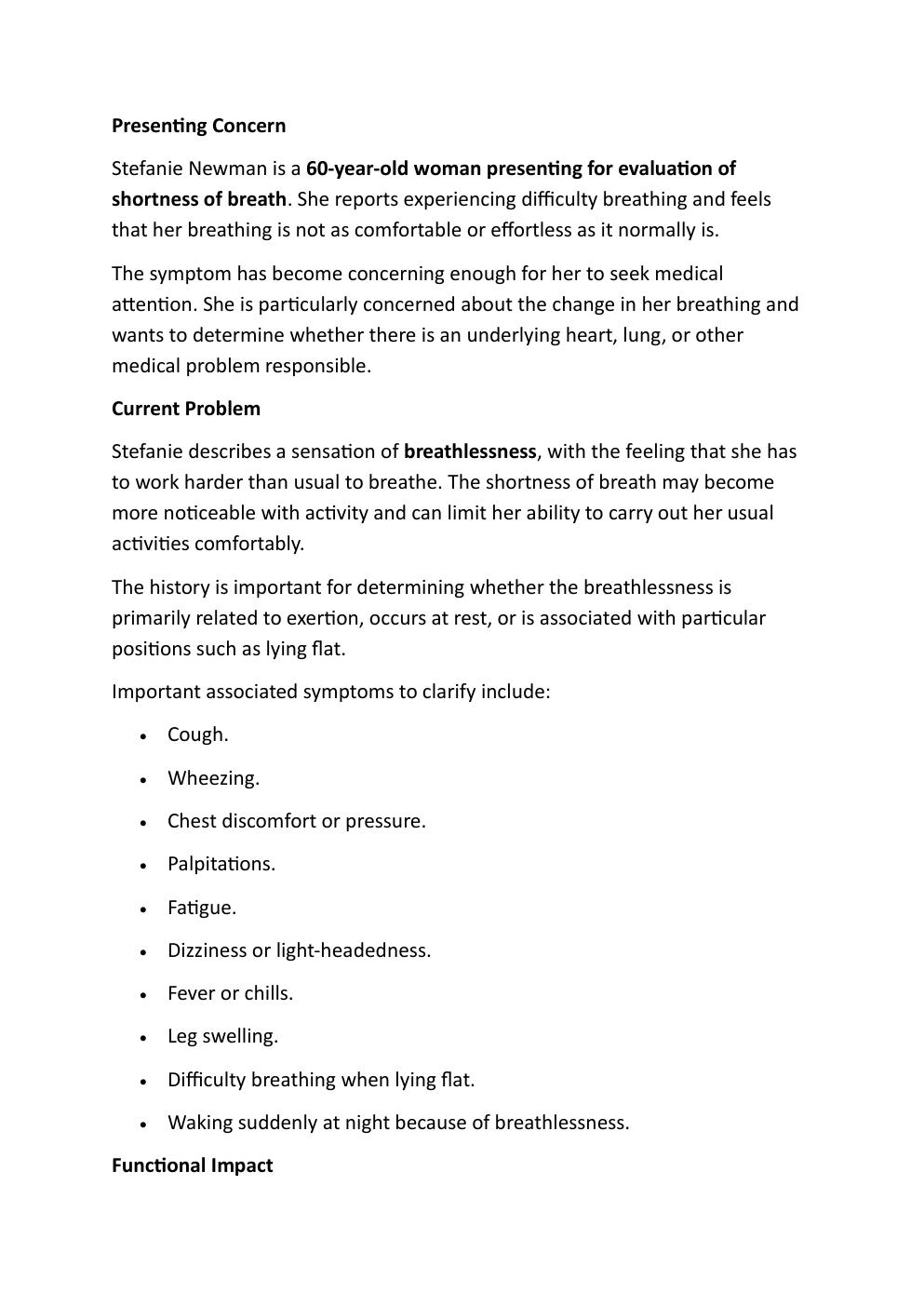 Preview page 3 of I-HUMAN COMPREHENSIVE CASE  STUDY. 60-YEAR-OLD, STEFANIE  NEWMAN. REASON FOR  ENCOUNTER: SHORTNESS OF  BREATH.   WITH A