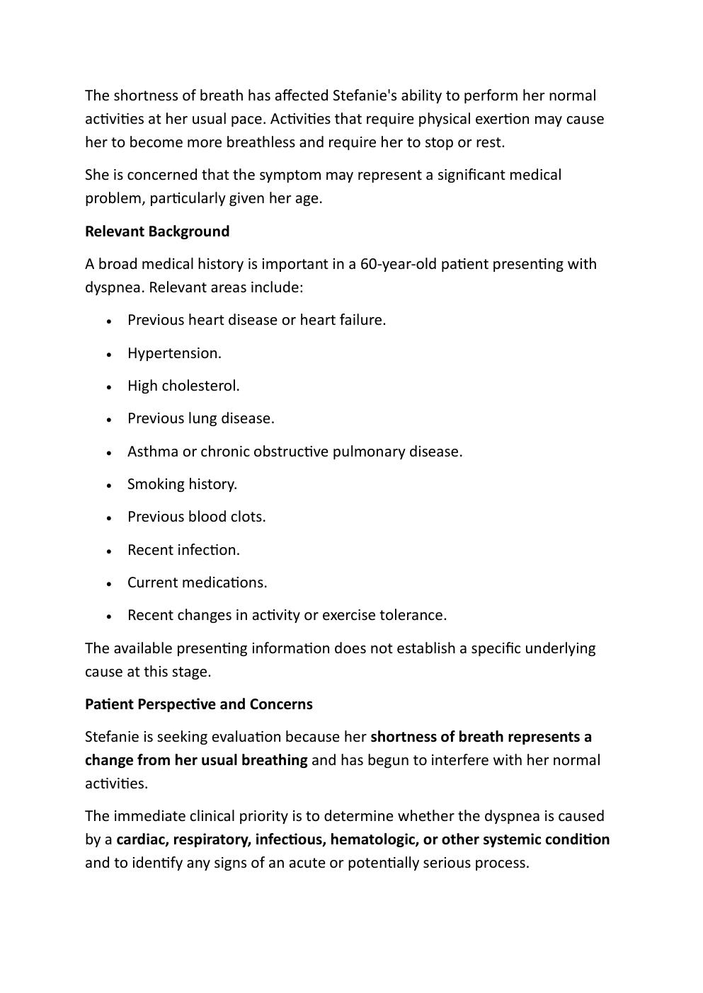 Preview page 4 of I-HUMAN COMPREHENSIVE CASE  STUDY. 60-YEAR-OLD, STEFANIE  NEWMAN. REASON FOR  ENCOUNTER: SHORTNESS OF  BREATH.   WITH A