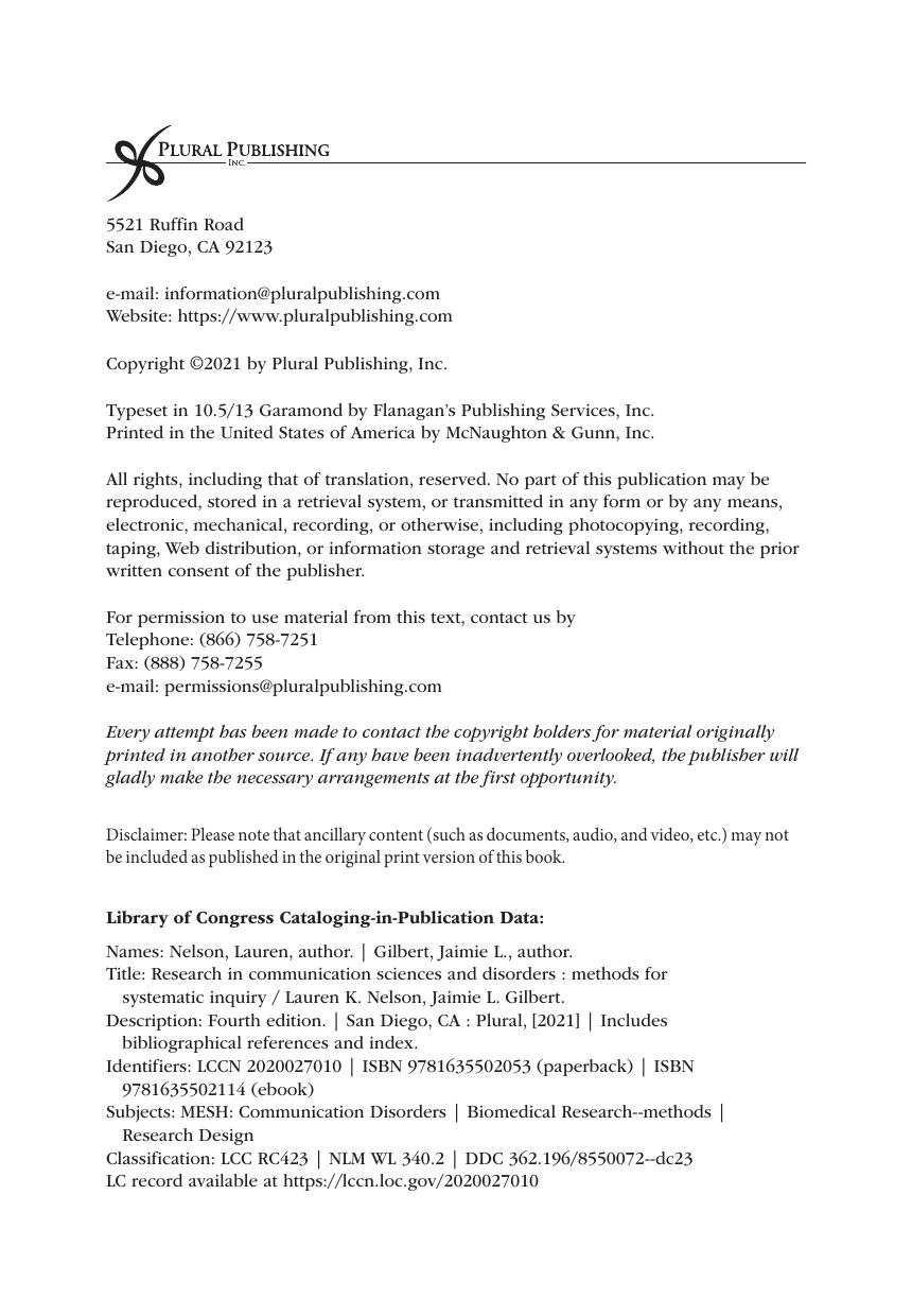 Preview page 5 of Research in Communication Sciences and Disorders Methods for Systematic Inquiry 4th Edition By Lauren Nelson, Jaimie Gil