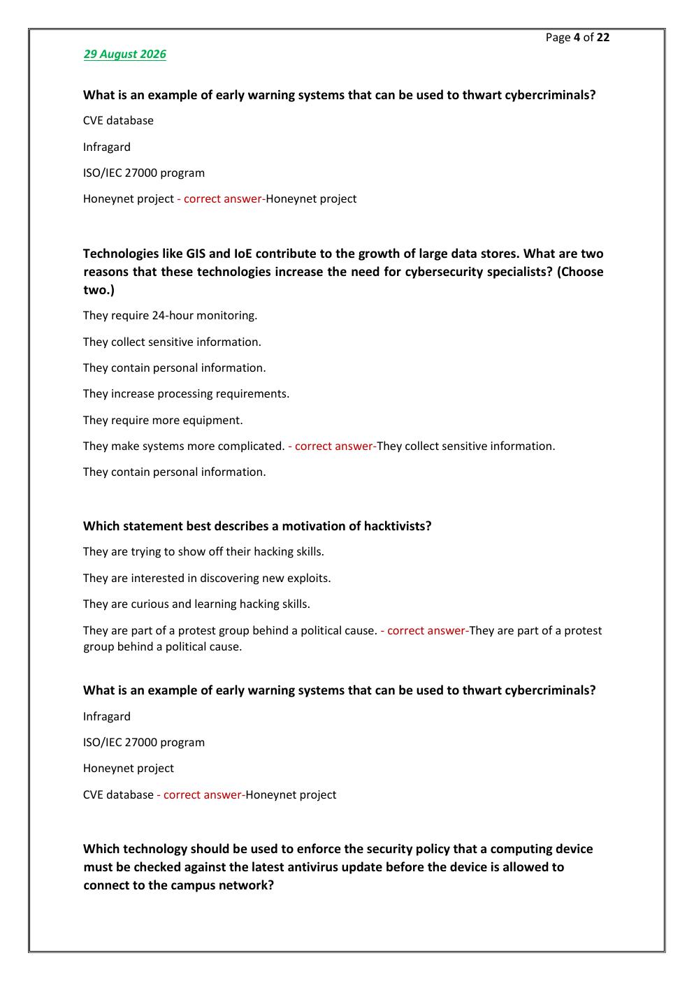 Preview page 4 of Cybersecurity Essentials Test FINAL Exam 100  comprehensive questions | FREQUENTLY MOST TESTED  QUESTIONS AND VERIFIED S
