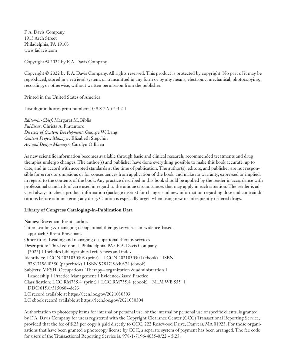 Preview page 4 of Leading & Managing Occupational Therapy Services An Evidence-Based Approach 3rd Edition By Brent Braveman ISBN: 97817196