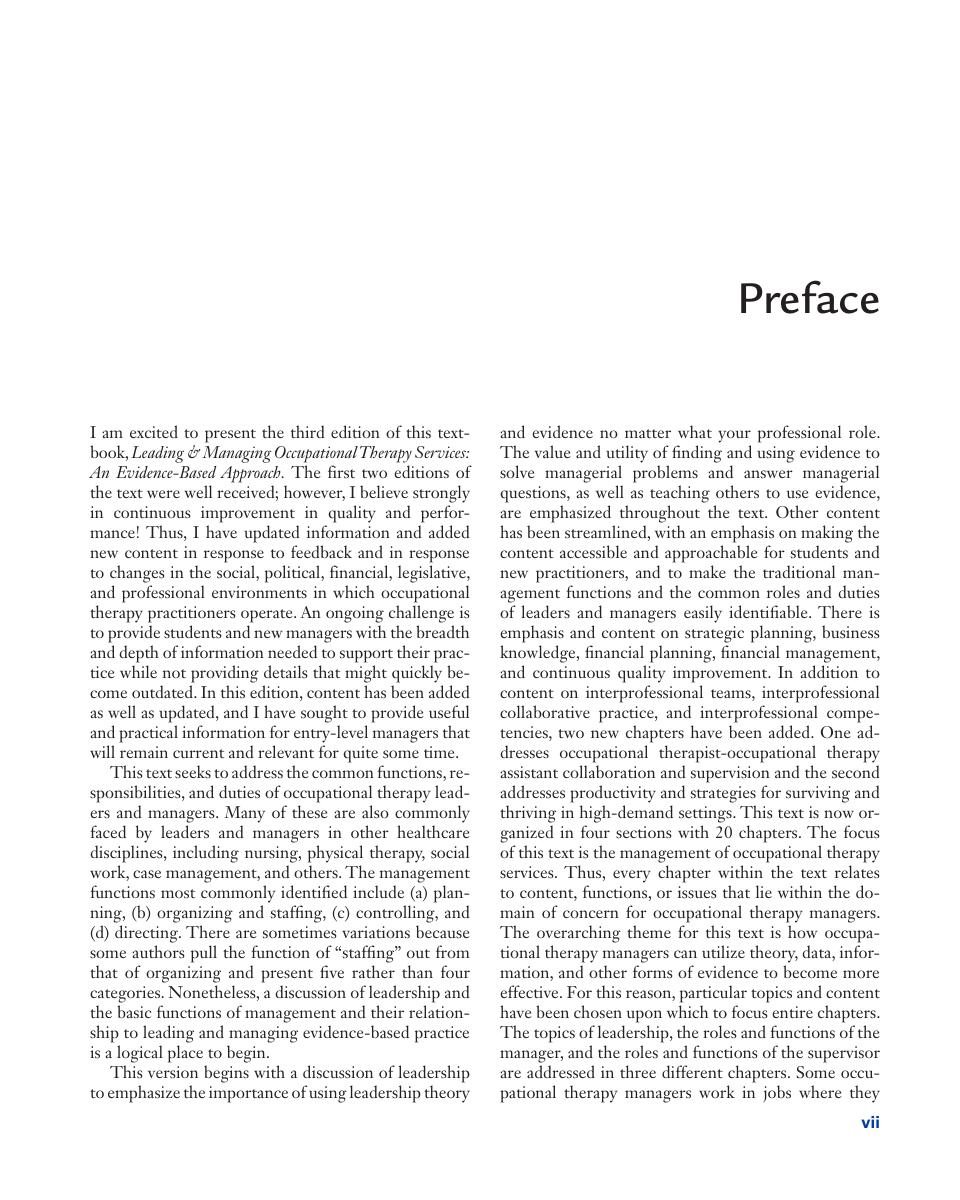 Preview page 6 of Leading & Managing Occupational Therapy Services An Evidence-Based Approach 3rd Edition By Brent Braveman ISBN: 97817196