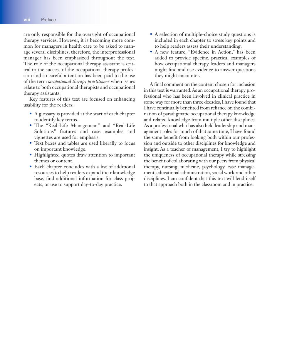 Preview page 7 of Leading & Managing Occupational Therapy Services An Evidence-Based Approach 3rd Edition By Brent Braveman ISBN: 97817196