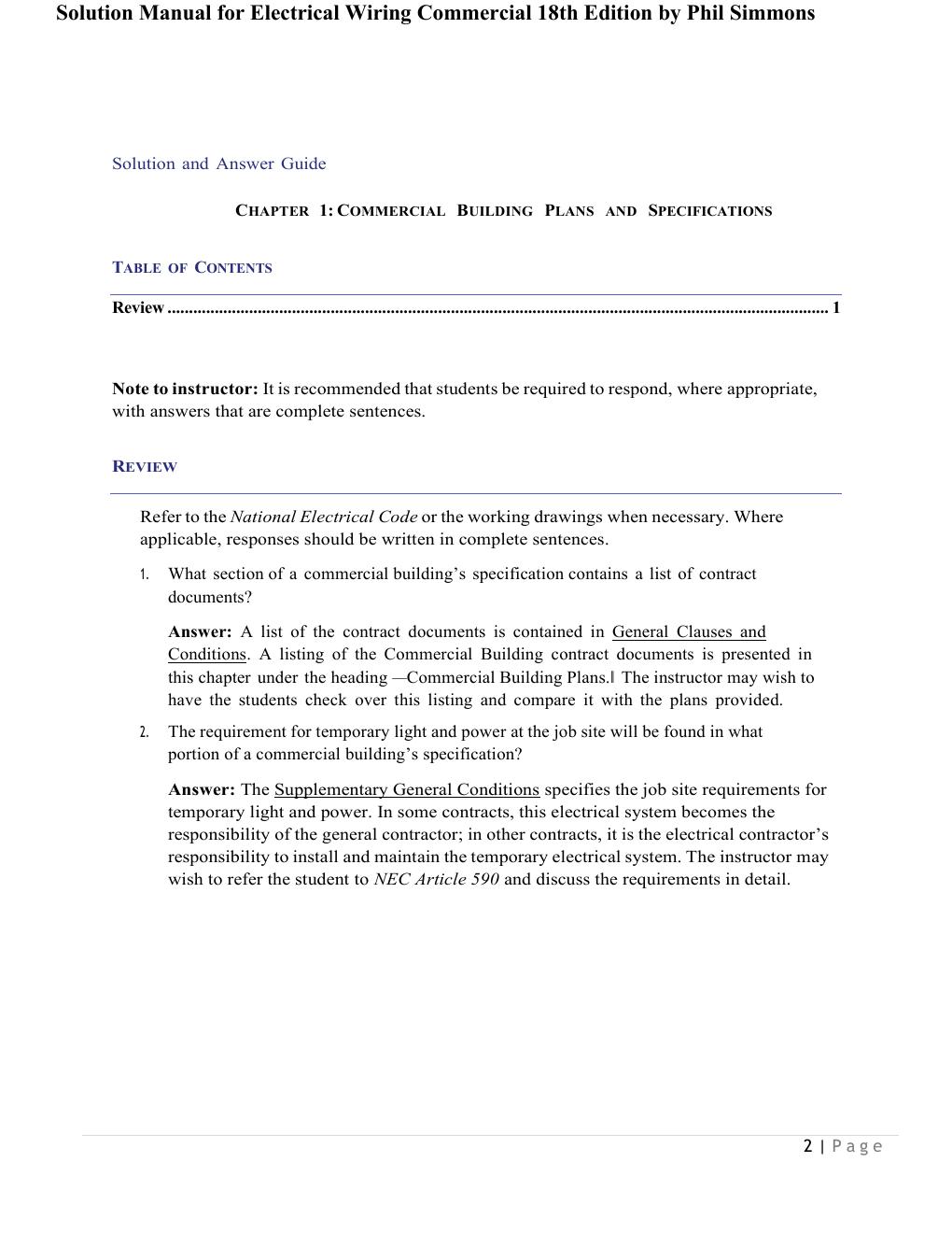 Preview page 2 of Complete Solution Manual for Electrical Wiring Commercial 18th Edition by Phil Simmons All Chapters Covered 1-22! ALREAD