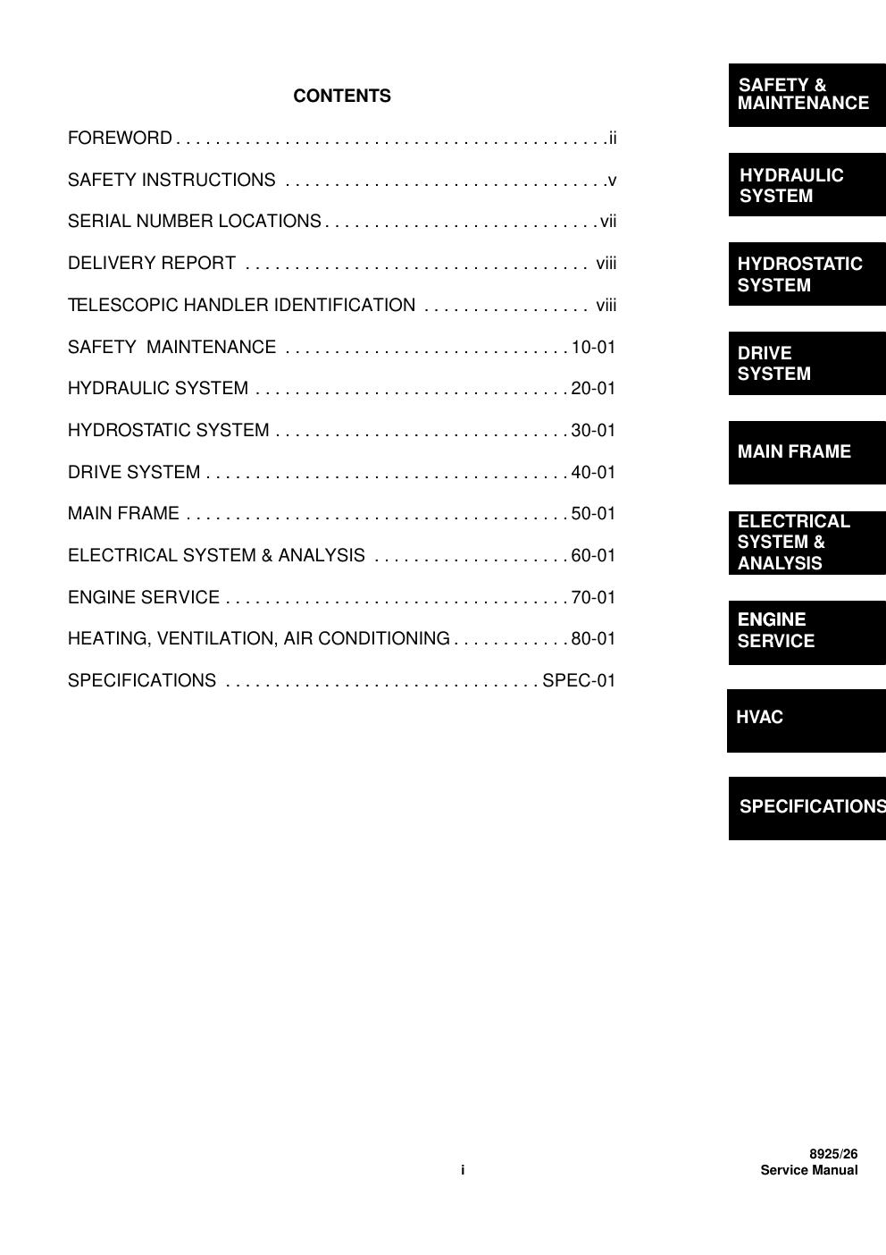 Preview page 2 of Massey Ferguson Telescopic Handler 8925 Service Manual