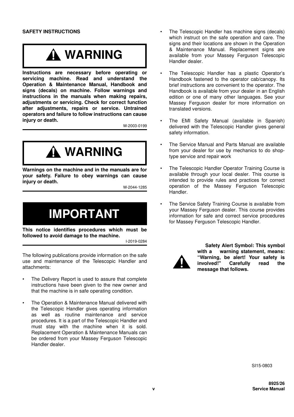 Preview page 6 of Massey Ferguson Telescopic Handler 8925 Service Manual