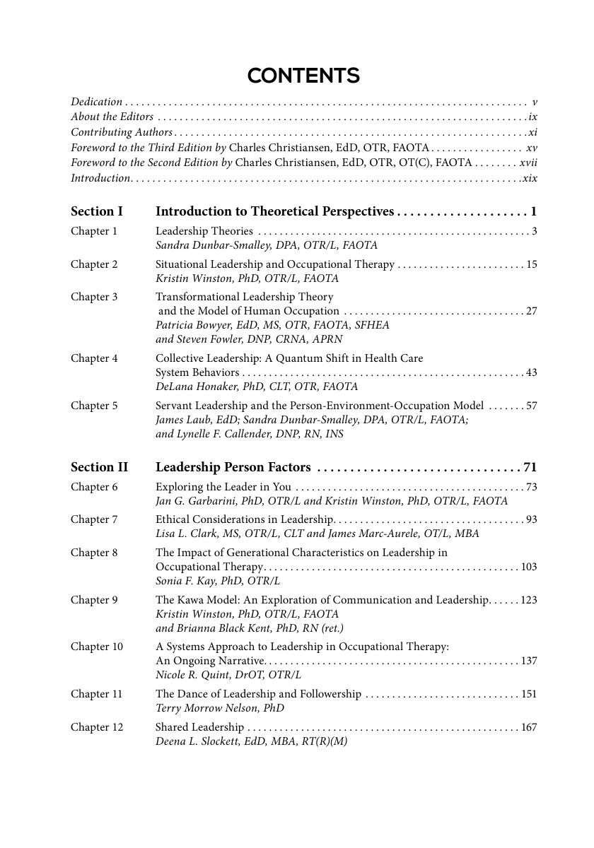 Preview page 8 of An Occupational Perspective on Leadership Theoratical and Practical Dimentions 3rd Edition By Sandra Dunbar-Smalley, Kri