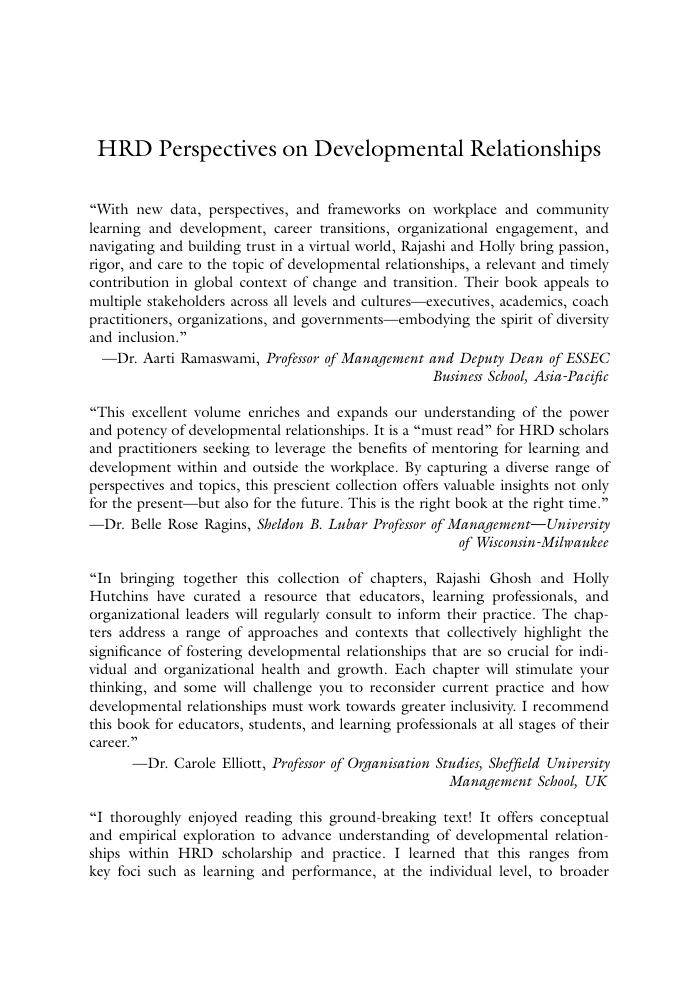 Preview page 2 of HRD Perspectives on Developmental Relationships Connecting and Relating at Work, 1st Edition By Rajashi Ghosh, Holly Hut
