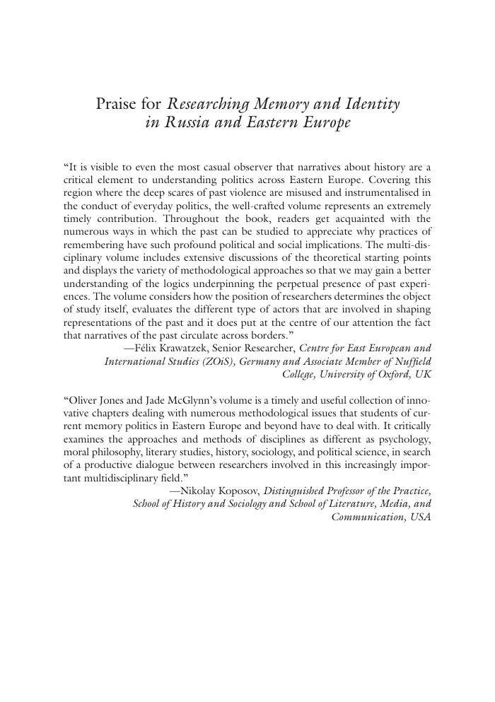 Preview page 7 of Researching Memory and Identity in Russia and Eastern Europe Interdisciplinary Methodologies, 1st Edition By Jade McGlyn